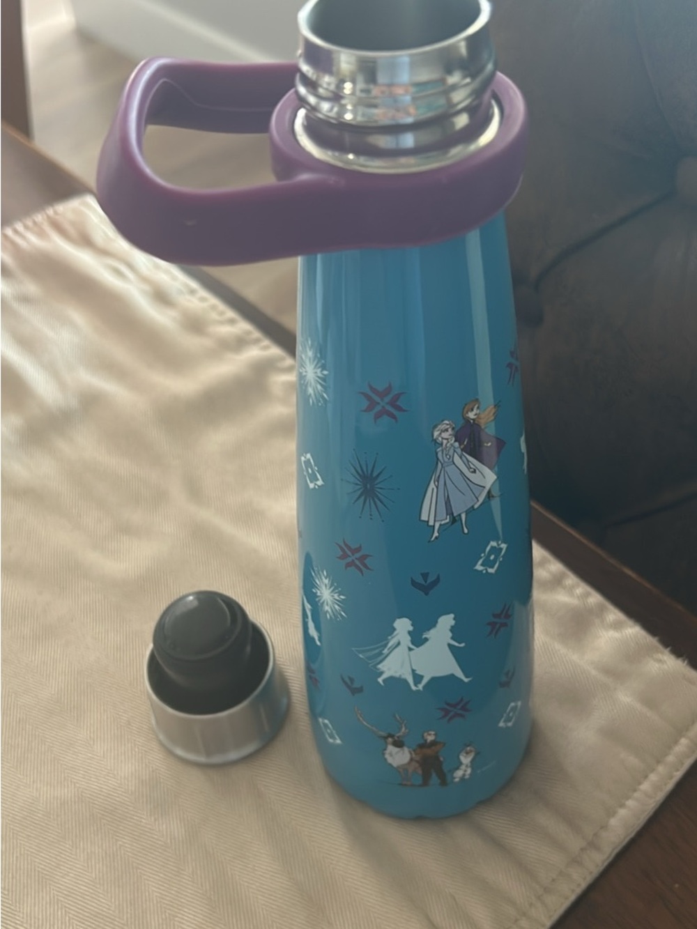 Blue Frozen-themed Stainless Steel Water Bottle with Purple Handle